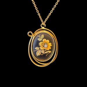 Vintage AMI Asian Art Gold Black Collarbone Necklace, 15.5"